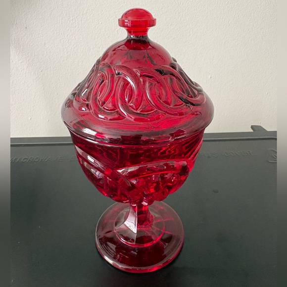 Vintage L G Wright Glass Ruby Red Double Ring 7” Candy Dish-Gently Used - Picture 2 of 5